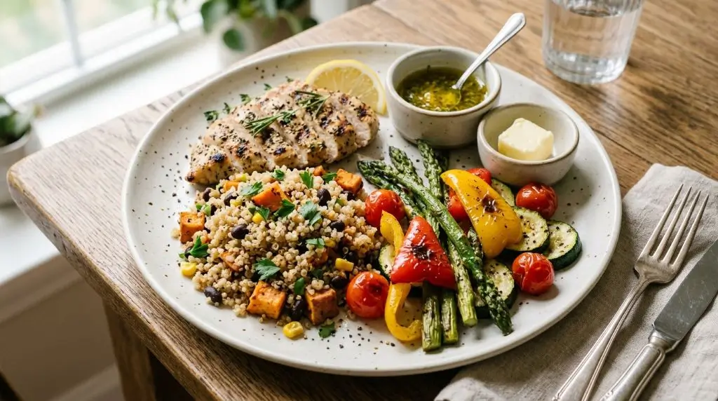 Olive oil or butter for weight management shown as part of a balanced everyday meal