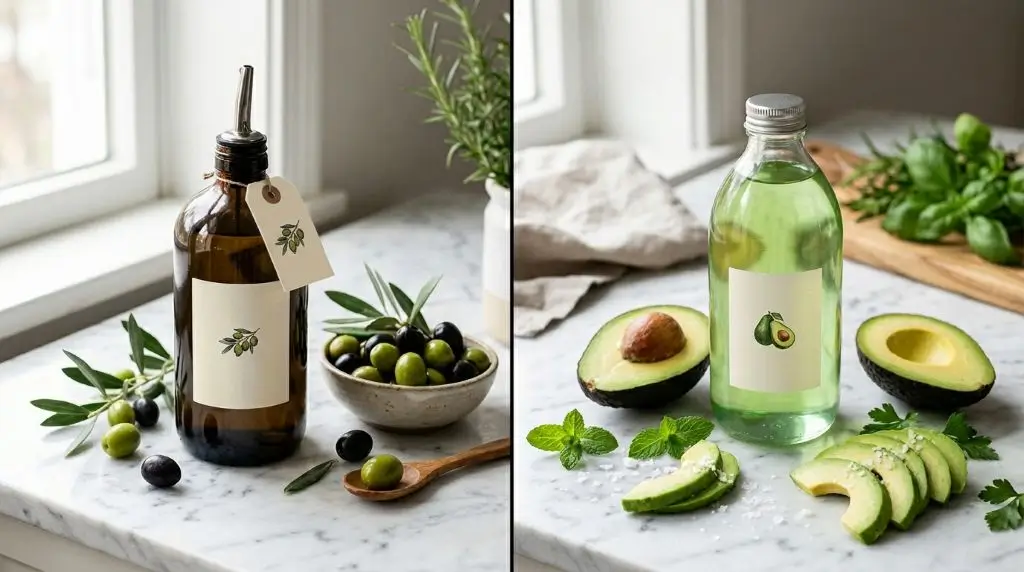 Olive oil vs avocado oil comparison showing two healthy cooking oils with their natural ingredients side by side.