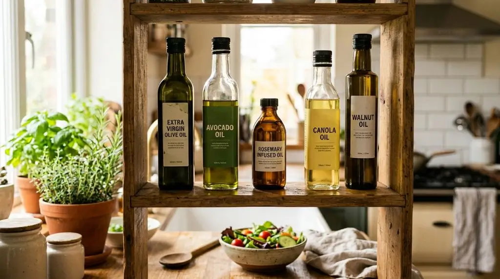 Plant based oils benefits showing olive avocado and canola oil bottles in a home kitchen