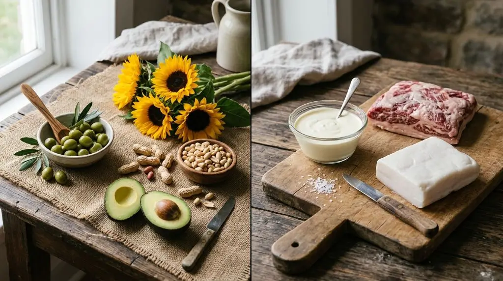 Animal fats vs plant fats sources displayed with olives avocados cream and beef tallow