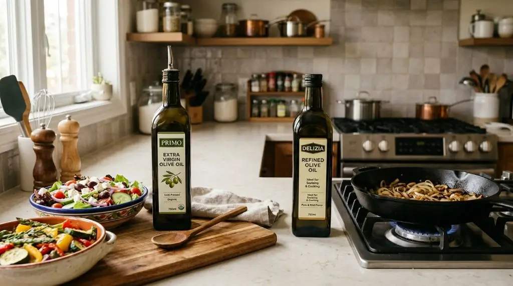 Which olive oil is best for cooking with extra virgin and refined olive oil shown for different uses.