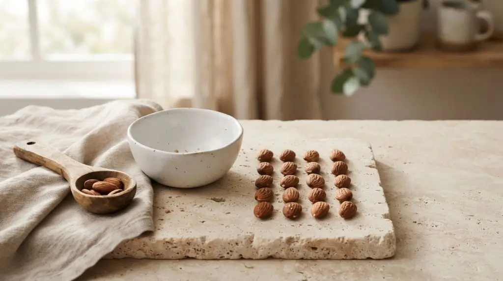 One serving of about 23 raw almonds showing the recommended portion size and almonds nutrition facts for daily snacking.