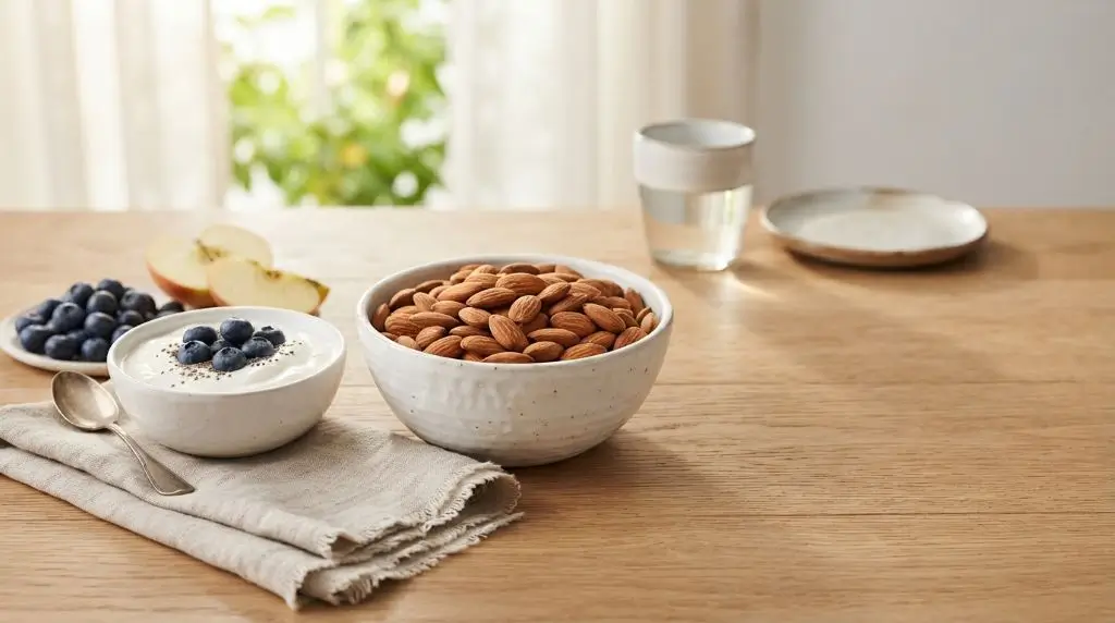 Almonds as a snack paired with Greek yogurt and berries in a bowl