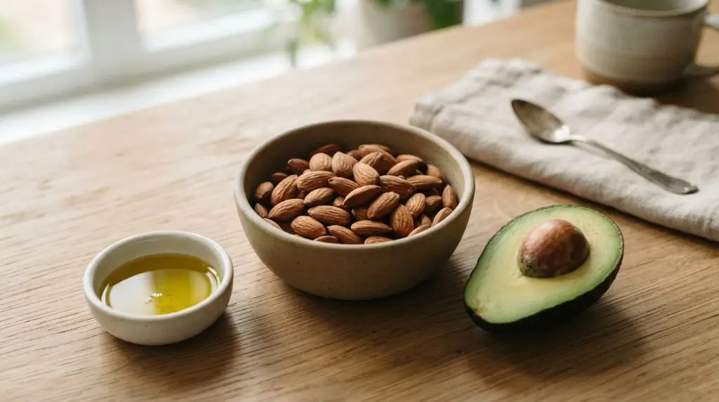 Raw almonds with avocado and olive oil illustrating healthy fats found in almonds and balanced eating patterns.