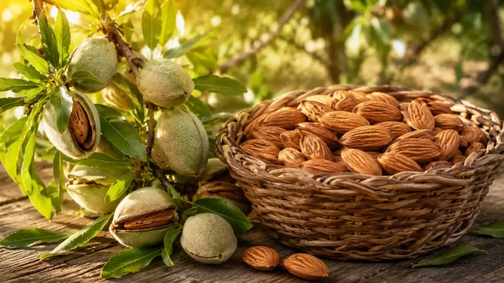 Fresh almonds on tree branches beside a basket of raw almonds highlighting almonds nutrition facts for healthy daily snacking.