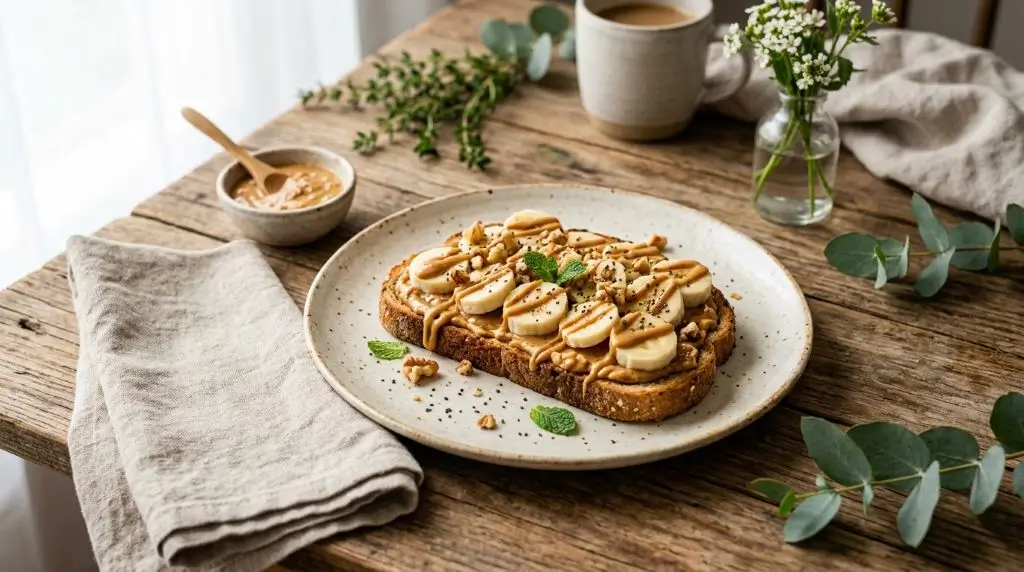 Banana slices on whole grain toast with peanut butter, cream plate, warm wood, natural light, easy ways to add bananas