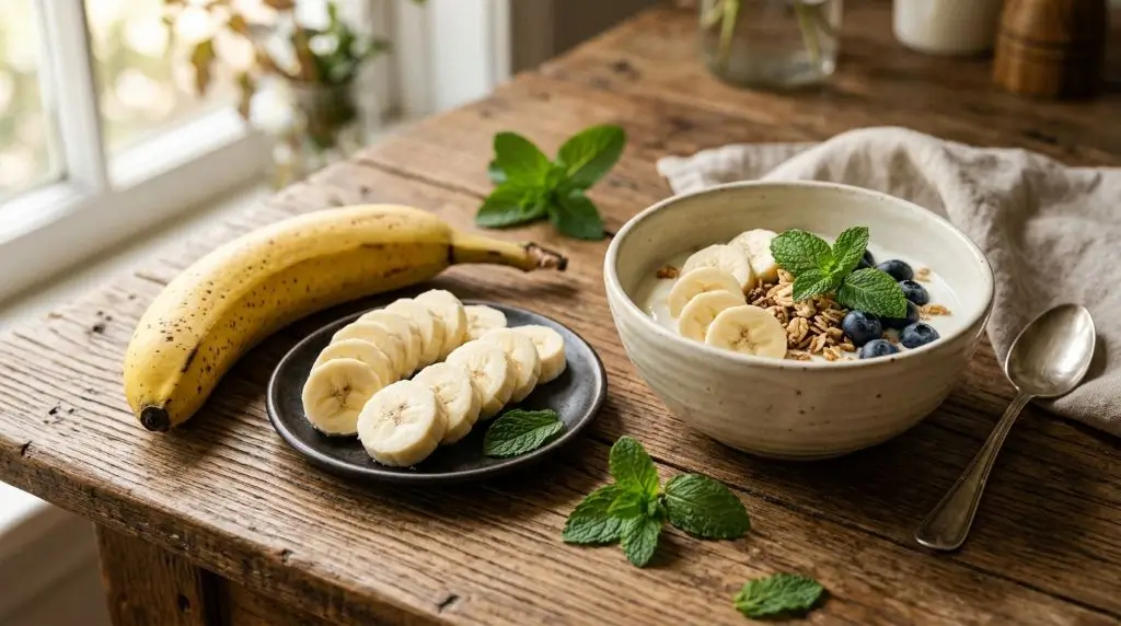 Fresh ripe banana showing banana nutrition facts with sliced fruit on a wooden table.