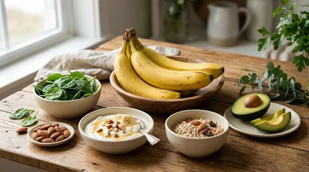 Banana with potassium-rich foods highlighting banana vitamins and minerals in a balanced diet.