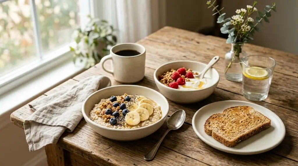 Balanced breakfast with banana illustrating the best time to eat banana for everyday nutrition.