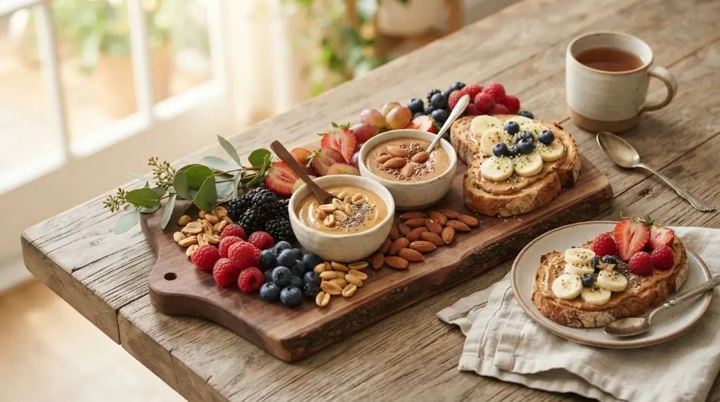 Choosing between peanut butter and almond butter with natural ingredients arranged on an artisan breakfast board.