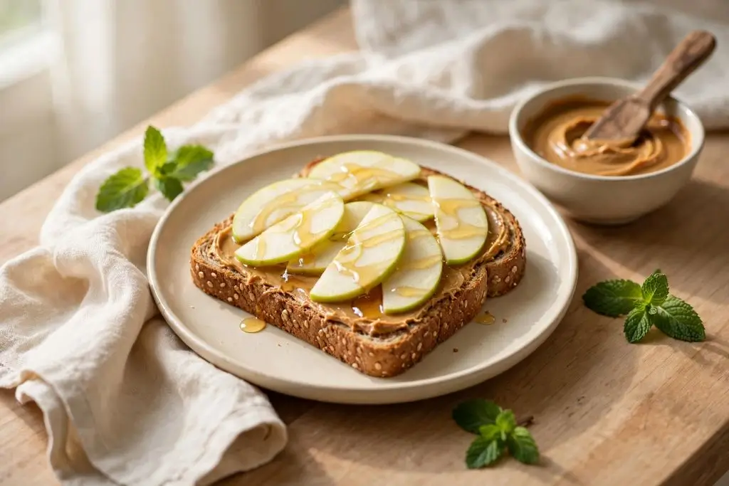 Health benefits of peanut butter served with fruit and whole-grain toast as part of a balanced breakfast.