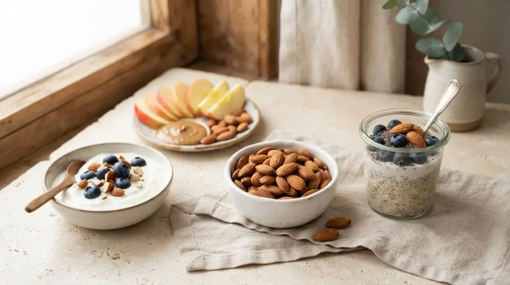 Healthy almond snack ideas featuring fruit, yogurt, and oats for balanced daily eating and almonds nutrition facts.