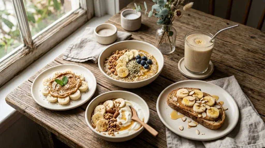 Healthy banana serving ideas including oatmeal, yogurt, toast, smoothie, and peanut butter.