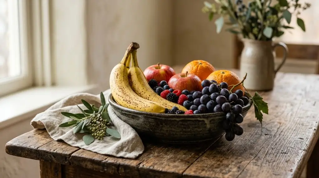 Fresh bananas with mixed fruit promoting banana nutrition facts and a balanced healthy diet.