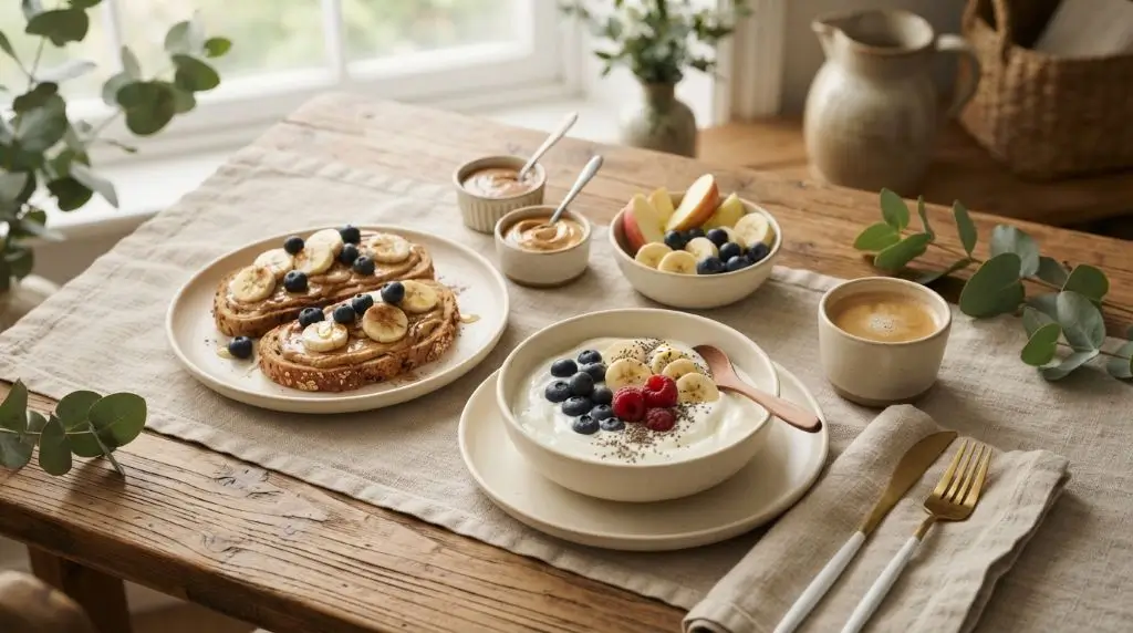 Healthy nut butter comparison with peanut butter, almond butter, fruit and whole-grain toast for a balanced breakfast.