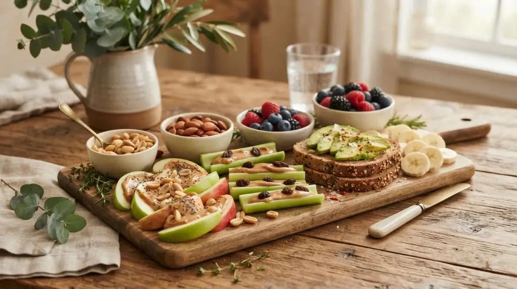 Healthy peanut butter and almond butter snack ideas with apple slices, celery, toast and fresh fruit.