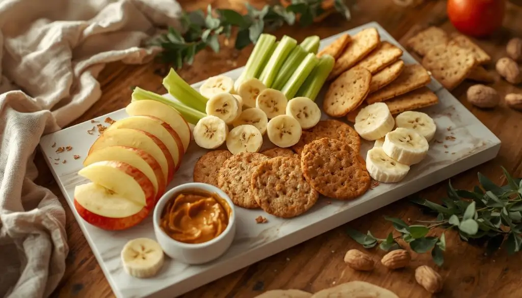 Healthy peanut butter snack ideas with apple slices, banana, oats and whole-grain toast for everyday nutrition.