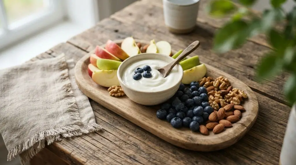Healthy snack ideas with walnuts almonds fresh fruit and Greek yogurt arranged on a rustic wooden table.