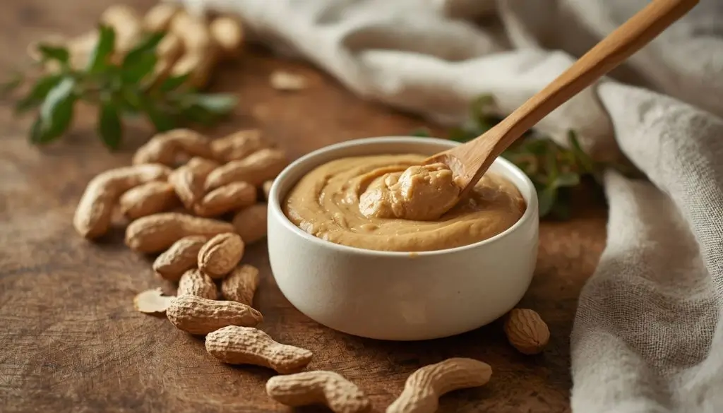 Natural peanut butter nutrition with roasted peanuts in a bowl showing simple ingredients and healthy peanut butter.
