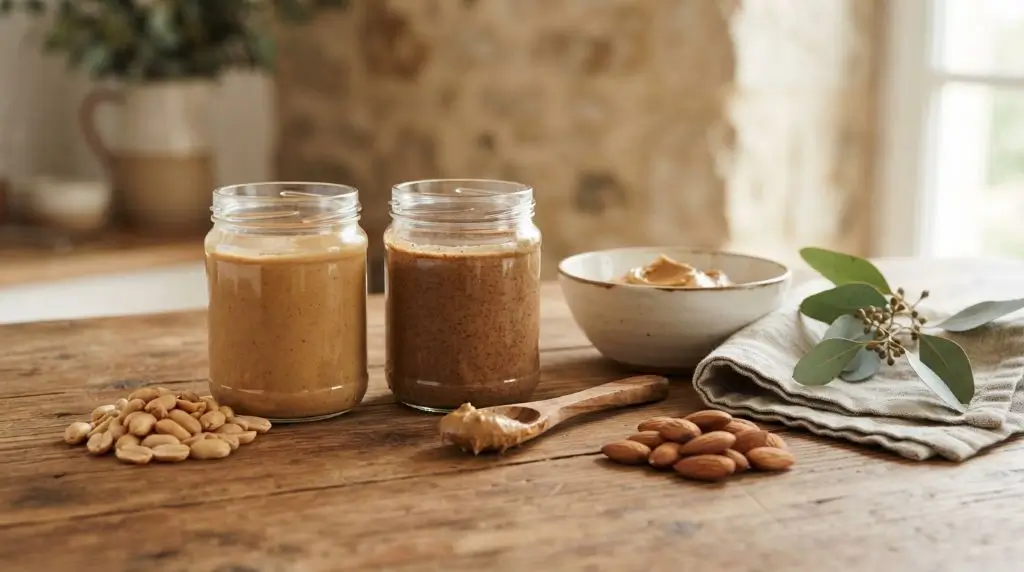 Natural peanut butter and almond butter with simple ingredients including roasted peanuts and whole almonds on a wooden table.