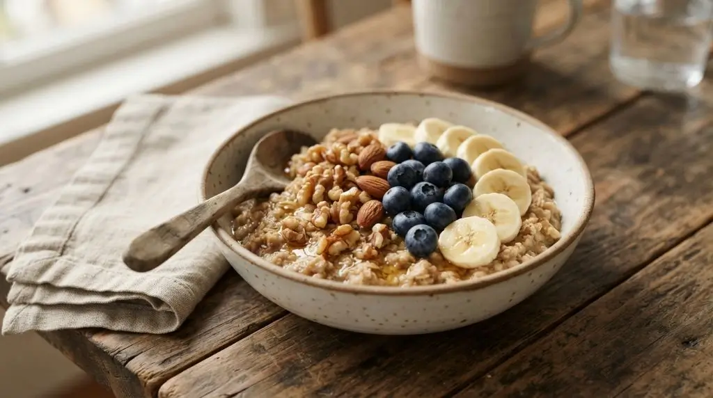 Oatmeal topped with walnuts almonds blueberries and banana for a balanced high-fiber breakfast idea.