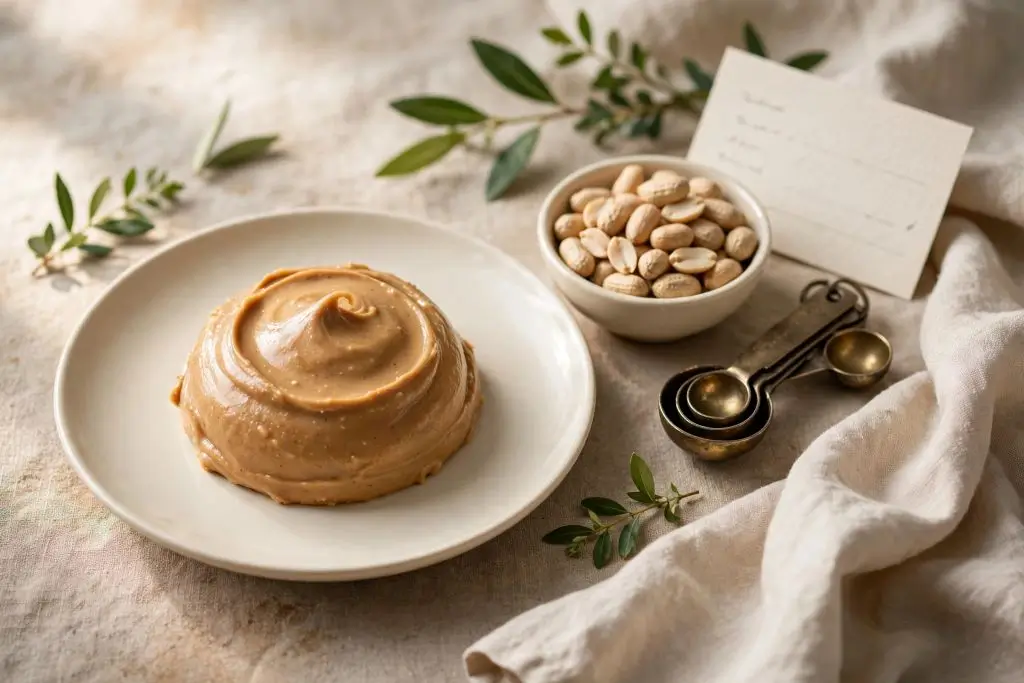 Measured peanut butter serving on cream plate with vintage spoons and raw peanuts on warm reclaimed wood, portion guide