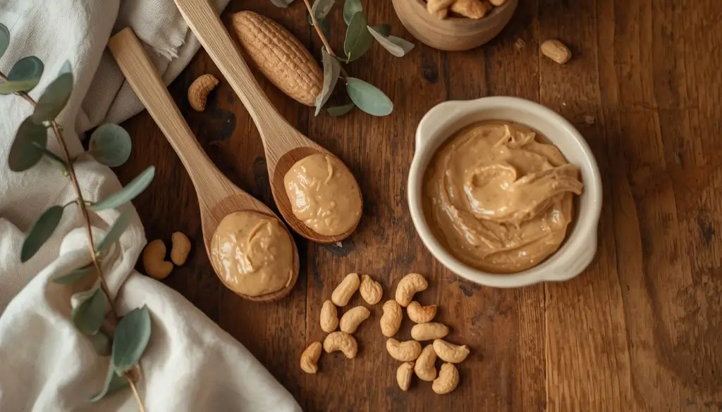 Peanut butter serving size showing two tablespoons with natural peanut butter and roasted peanuts for portion guidance.
