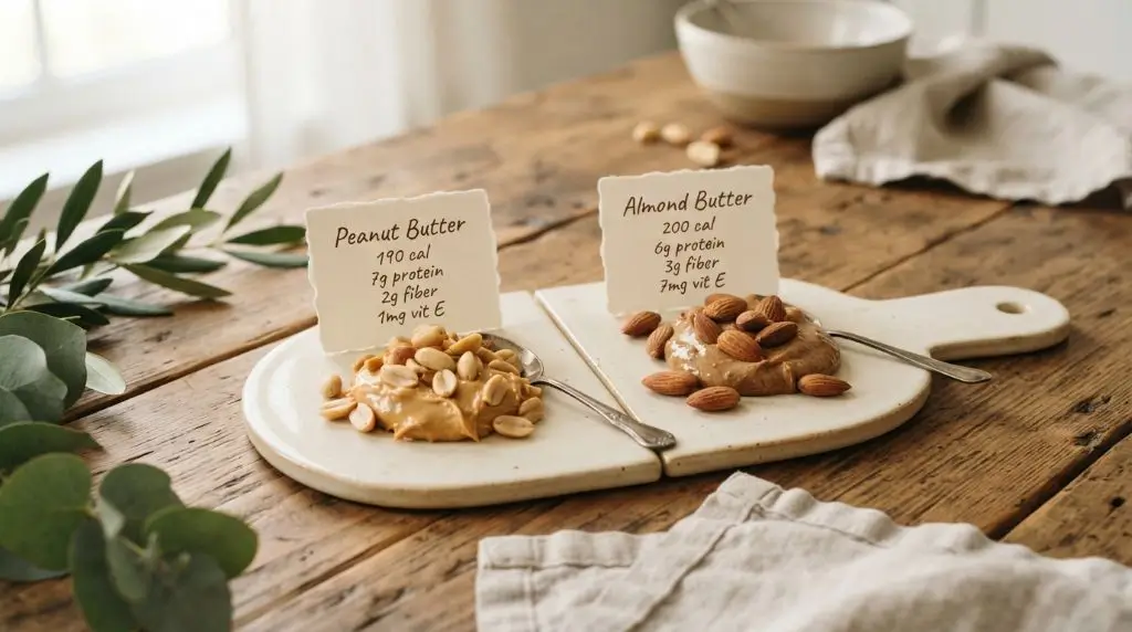 Peanut butter vs almond butter nutrition facts side by side with cream labels showing calories protein fiber and vitamins.