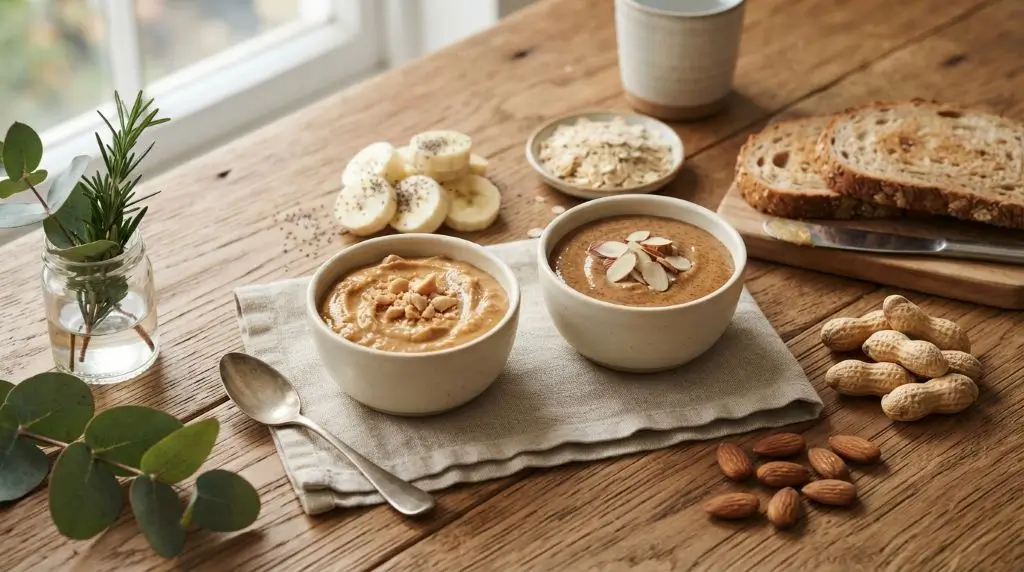 Peanut butter vs almond butter nutrition with protein, healthy fats and whole nuts displayed in an editorial food scene.