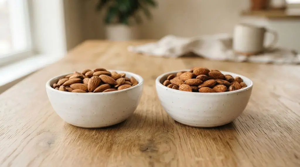 Raw almonds beside dry roasted almonds comparing preparation styles while preserving almonds nutrition facts.