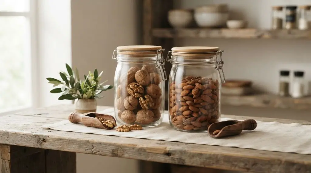 Raw walnuts and almonds stored in glass jars showing a simple healthy pantry and smart everyday food choices.