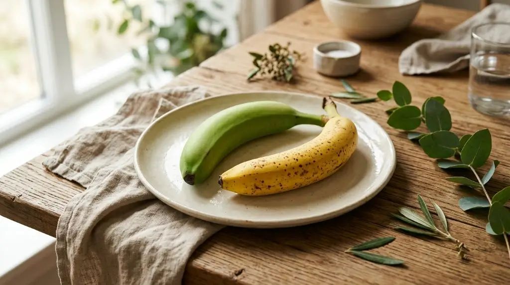 Green and ripe yellow banana side by side on cream plate, warm wood, natural light, ripe banana vs unripe banana nutrition