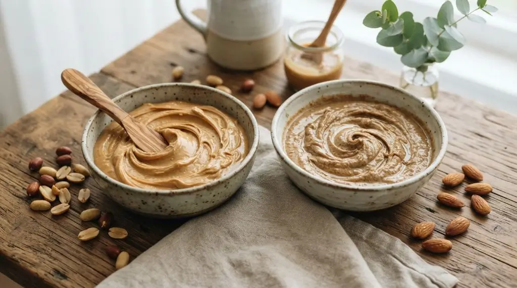 Peanut butter and almond butter showing smooth textures with roasted peanuts and almonds in a natural comparison scene.