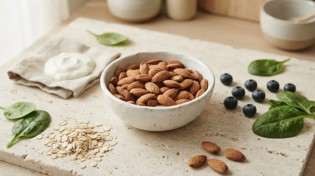 Raw almonds with nutrient-rich snacks highlighting vitamins and minerals in almonds for healthy daily nutrition.