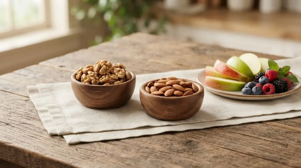 Measured portions of walnuts and almonds with fruit showing balanced healthy snack ideas for everyday eating.