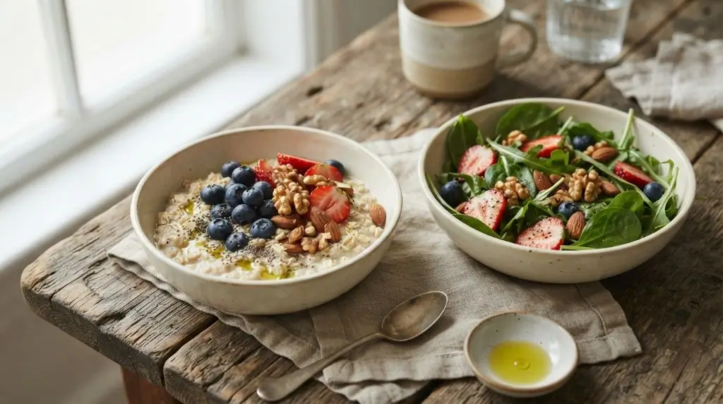 Walnuts and almonds served with berries oats and leafy greens as part of a balanced heart-friendly eating pattern.