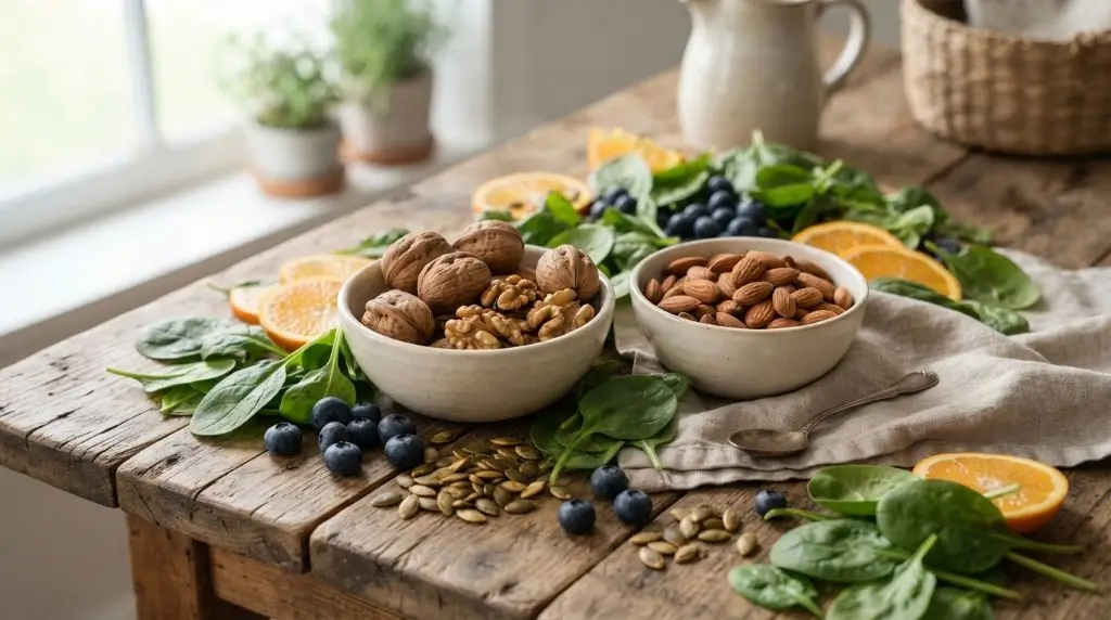 Walnuts and almonds with nutrient-rich foods highlighting vitamins minerals and healthy nuts comparison.