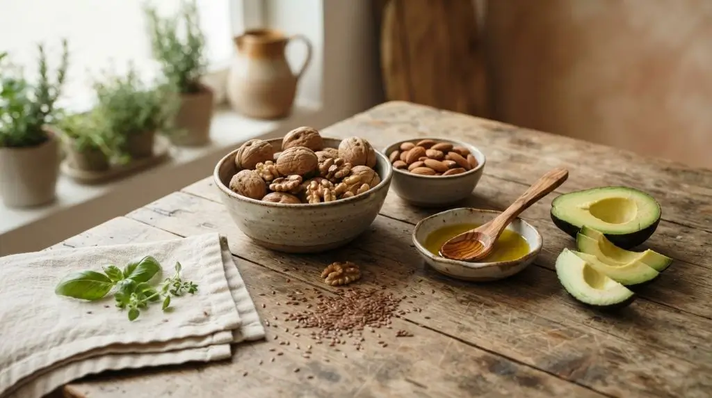 Walnuts vs almonds healthy fats with avocado and olive oil showing nutritious unsaturated fat food sources.