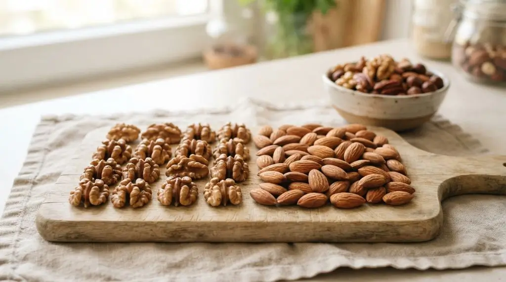 Walnuts vs almonds nutrition comparison with raw nuts arranged side by side highlighting a healthy nuts comparison.