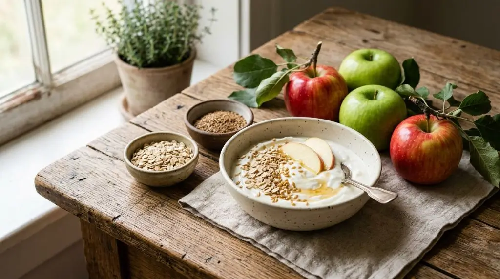 Fresh apples with fiber-rich foods representing apple benefits for gut health and digestion.