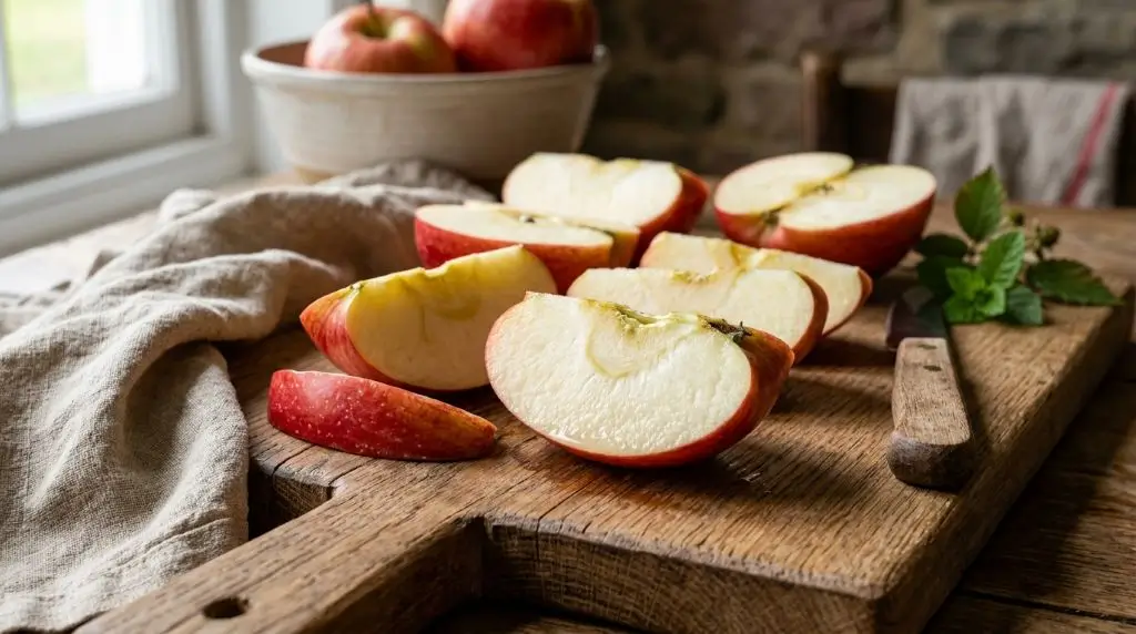 Fresh sliced apples with peel showing apple fiber benefits, pectin, and natural nutrition.