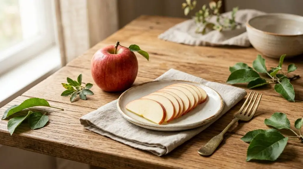 Whole red apple and sliced pieces showing apple nutrition facts on a cream plate