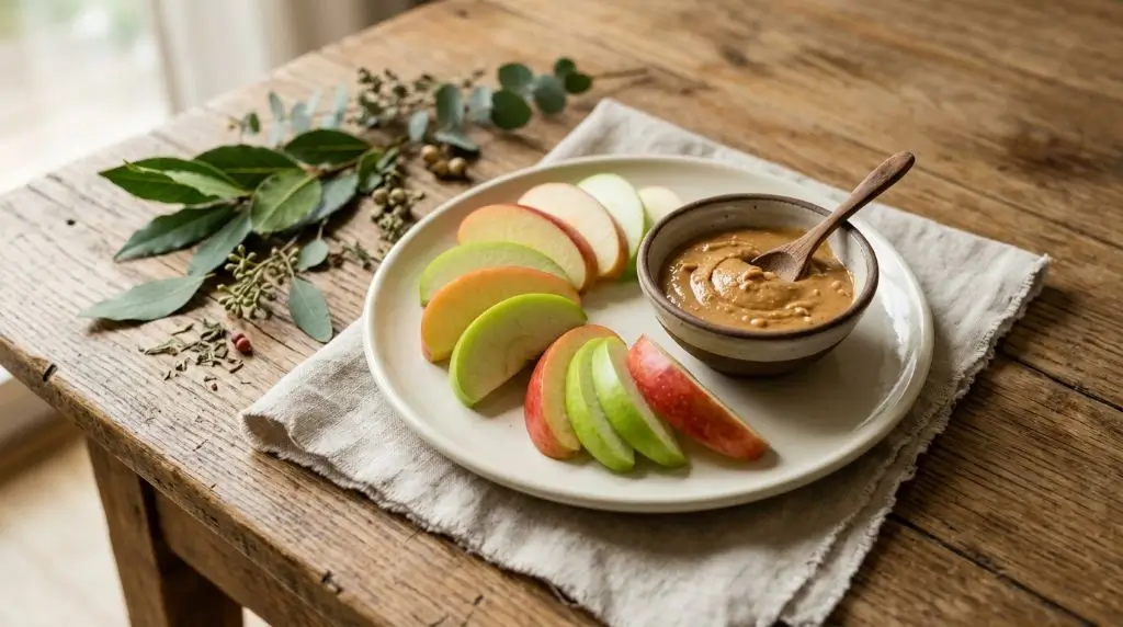 Apple slices with peanut butter on cream plate showing apples for fullness