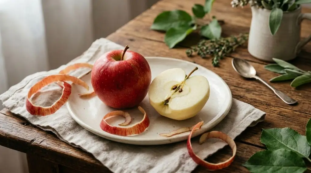 Whole apple with skin next to peeled half comparing apples with skin nutrients