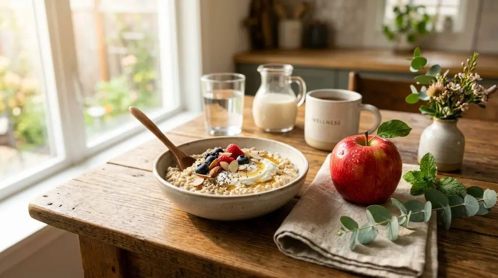 Healthy breakfast with apple highlighting benefits of eating apple everyday.