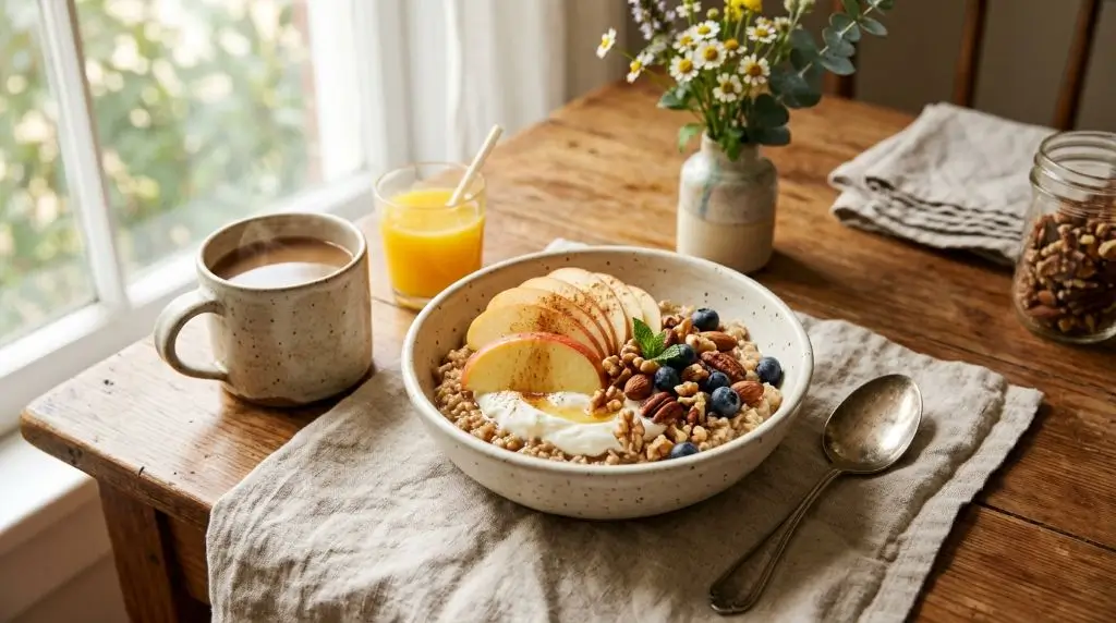 Balanced breakfast with apples illustrating the best time to eat apples.