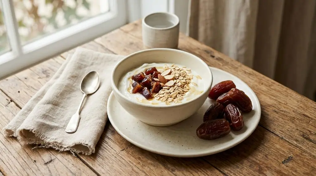 Dates with yogurt and oats illustrating the best time to eat dates for a balanced breakfast.