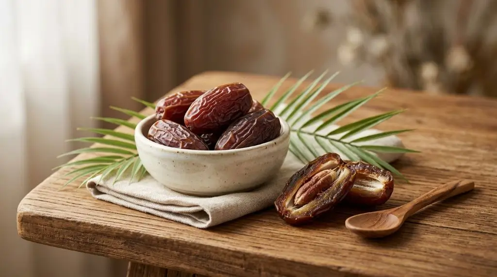 Fresh Medjool dates illustrating date fruit nutrition facts, calories, fiber, and essential vitamins and minerals.