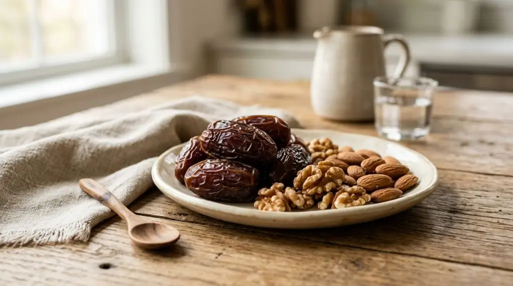 Medjool dates with nuts highlighting dates nutrition benefits, healthy snacks, and natural nutrition.