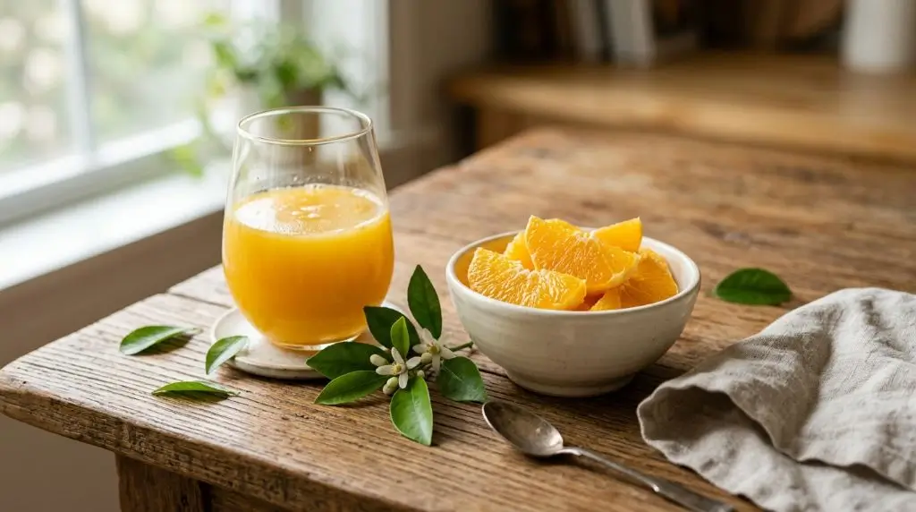 Glass of orange juice with fresh segments showing fruit juice nutrition facts on wood